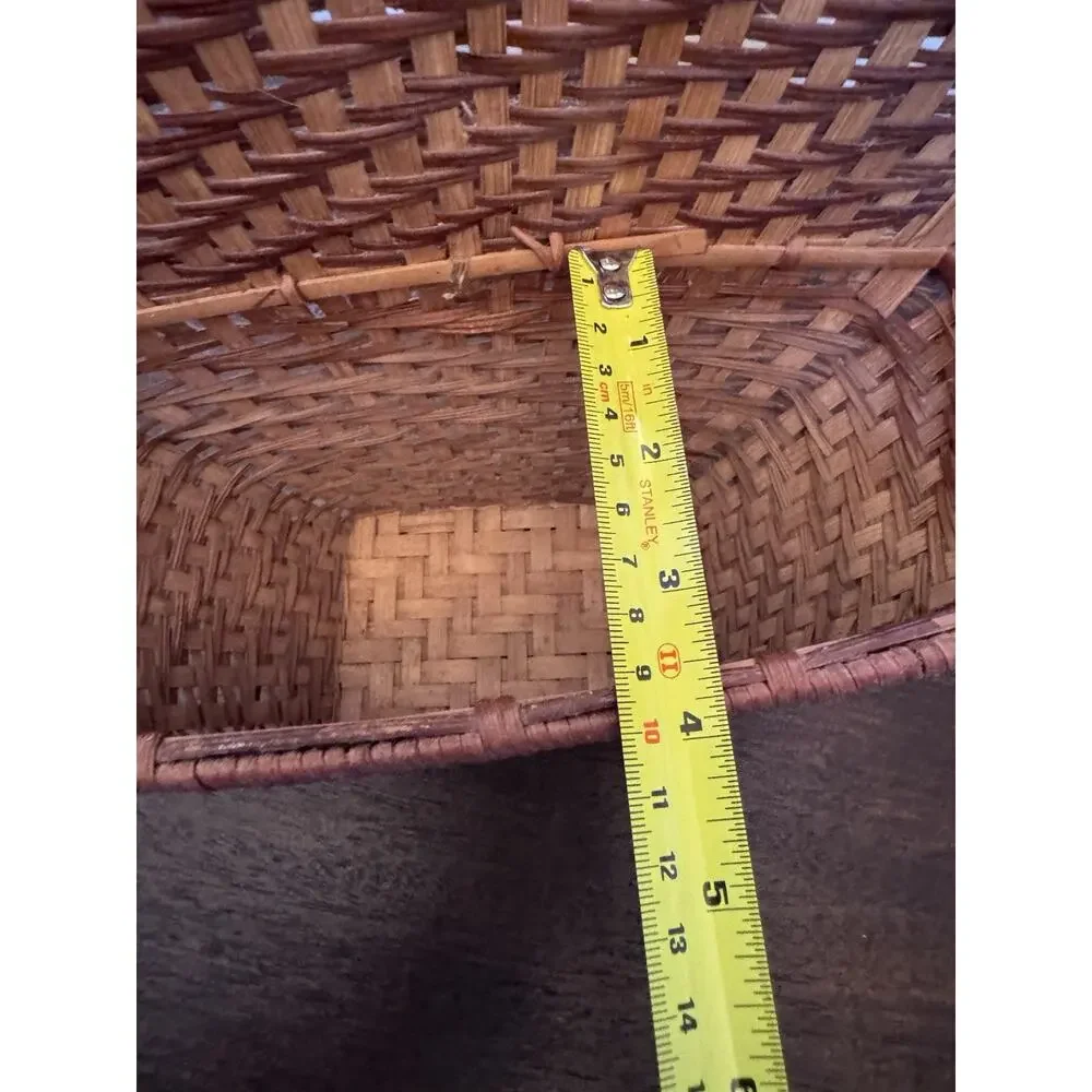 Woven Wicker Basket Two Tone Brown Pocket Flat Back Boho Farmhouse Decor Storage